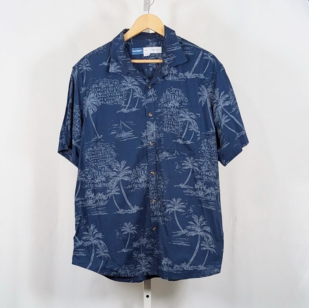 Old Navy Everyday Shirt Blue Gray Hawaiian Print Regular Fit Men's Size XL